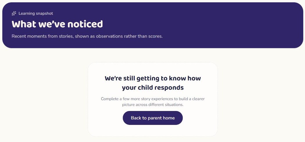 Parent insights getting-started screen explaining that more story experiences are needed before observations appear.