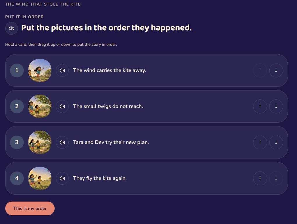Put It in Order activity with four illustrated story moments and controls for rearranging them.