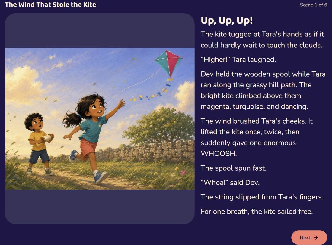 Aspogents story reader showing The Wind That Stole the Kite, with an illustration, story text and Next button.